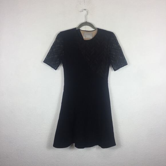 Jason Wu Black Lace-Paneled Stretch-Ponte Short Sleeve Fit & Flare Dress - Picture 3 of 12
